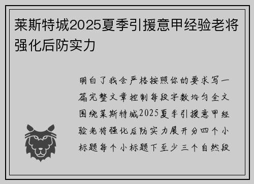 莱斯特城2025夏季引援意甲经验老将强化后防实力